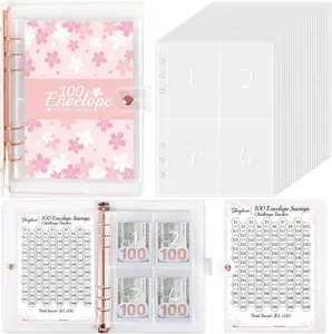 100 Envelopes Challenge Binder with Laminated $5050 Tracker Sheet & Pre-numbered Pockets (Pink)