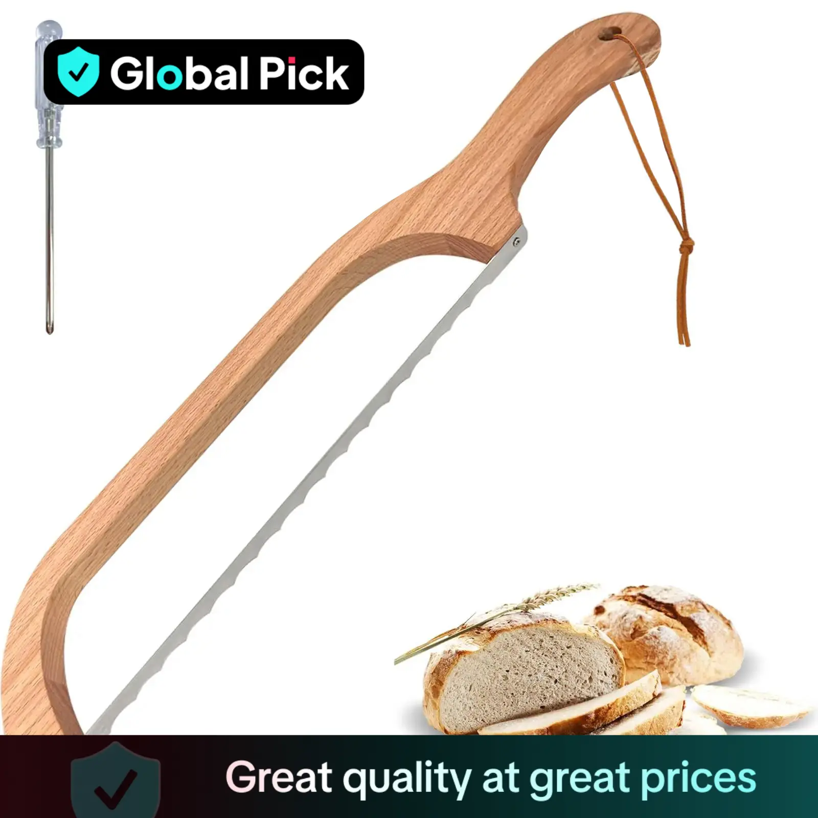 Wooden Bread Slicer, Bread Knife with Screwdriver, Stainless Steel Serrated Saw Bread Cutter for Bagels, Baguettes and More, Kitchen Cutting Utensils