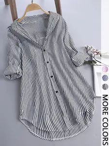 Women's Striped Button Front Shirt Collar Long Sleeve Top, Casual Fashion Blouse for Daily Wear, Stylish Women's Clothing