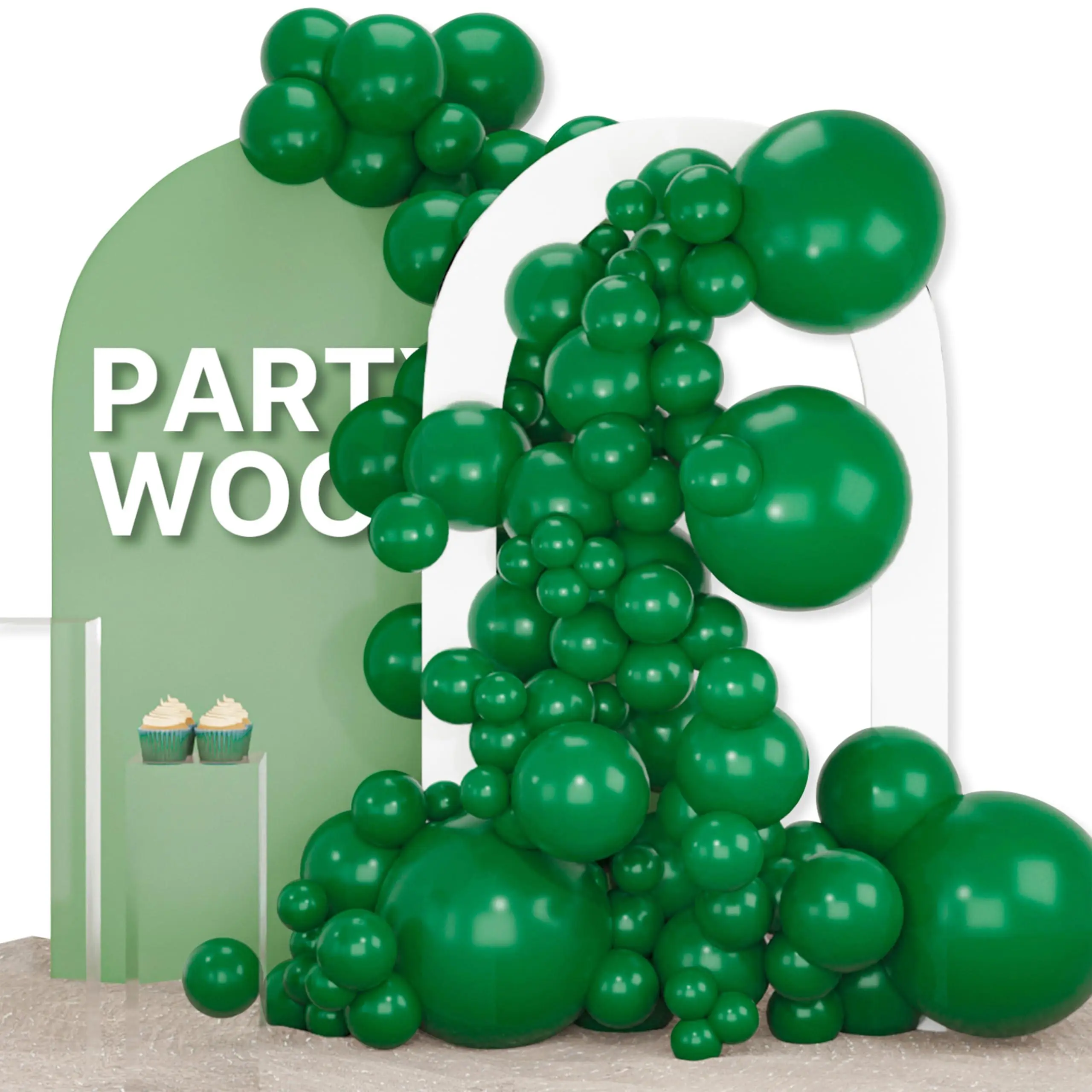 PartyWoo Thick Long-Lasting Latex Balloons Garland & Arch Backdrop Kit, 155pcs Multi-Size (18/12/10/5 in) Emerald Hunter Forest Green for Jungle, Wedding Decorations-Y56