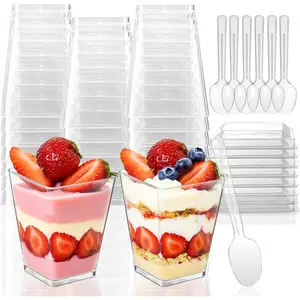 2pcs 5 oz Plastic Dessert Cups with Lids and Spoons, Clear Yogurt Parfait Appetizer Cup with Lids for Party, Mini Dessert Shooter for Pudding Fruit Trifle Ice Cream
