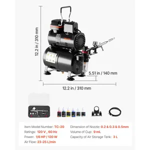 VEVOR Airbrush Kit, 1/6 HP, Air Brush Kit with Air Compressor and Tank, 1 Dual-Action Professional Airbrush with 3 Tips, Acrylic Paint, Low Noise, for Cake Decorating, Model Painting, Nail Art