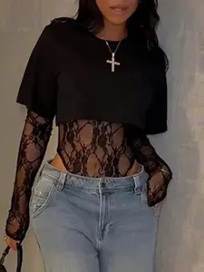 Women's Short Sleeve Lace Patchwork Two-Piece Jumpsuit, New Arrival Fashion Casual, Comfortable Summer Wear, Sheer Bodysuit