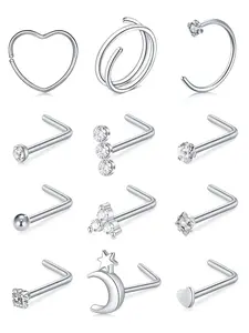 Nose Ring Set, Nose Rings Hoops, L Shaped Nose Studs, Nose Screw Corkscrew Nose Rings for Women, Stainless Steel Heart Moon Star Nose Piercing Jewelry