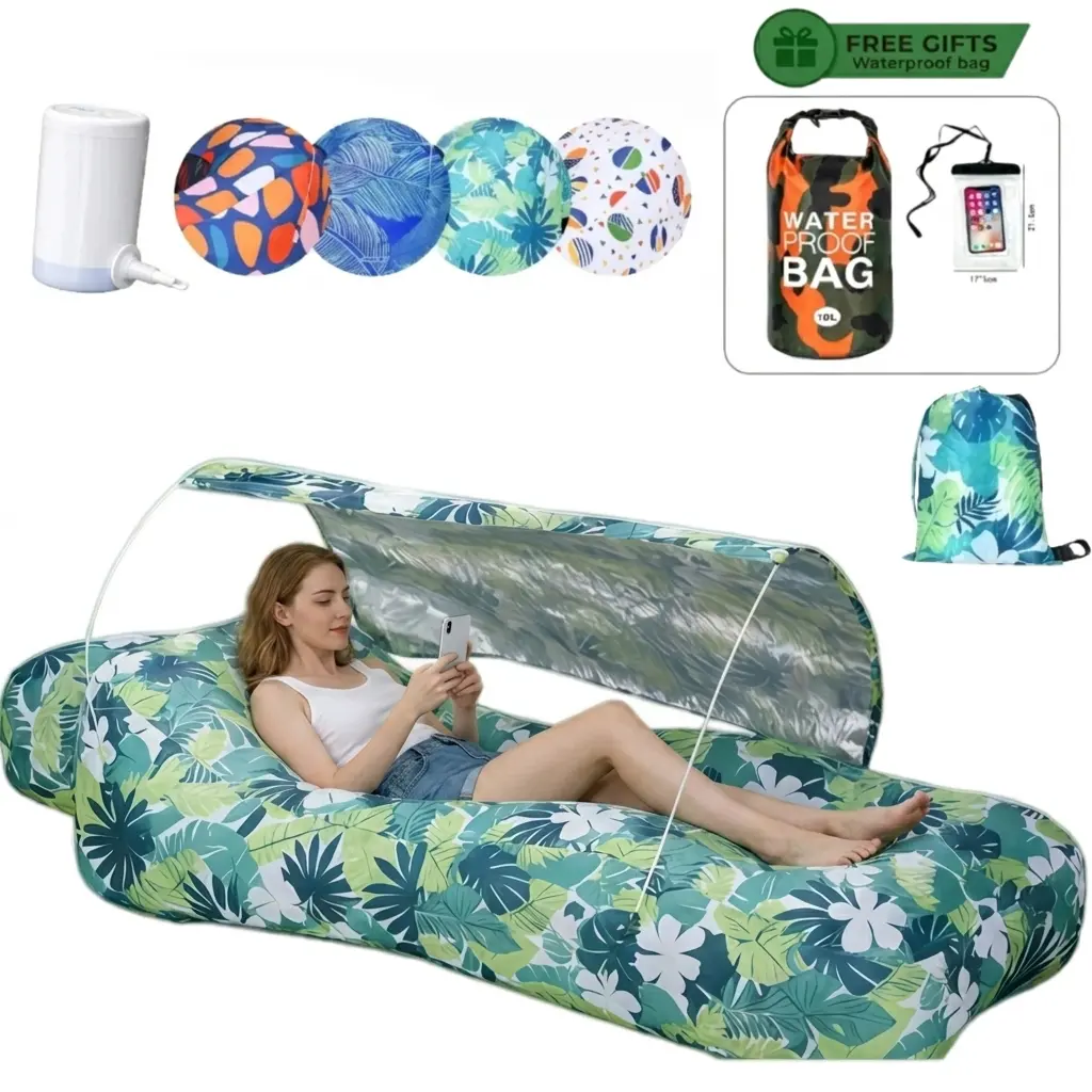 Inflatable Lounge Chair with Sun Shade, UPF 50+ UV Protection, Quick-Inflate Air Lounger for Beach, Pool, Camping & Outdoor Use