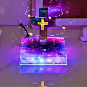 Light Luxury Levitating Type Colorful Cross Table Lamp, Magnetic Levitation Design, Colorful Starry Sky Book Base Ornament for Home & Religious Decoration