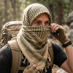 Tactical Military Shemagh Scarf for Men and Women, 100% Cotton Keffiyeh Desert Wrap with Fringed Edges, Breathable Outdoor Headwear for Hiking, Camping, Airsoft, and Sun Protection in All Seasons fall hat western wear design style beret green cowboy