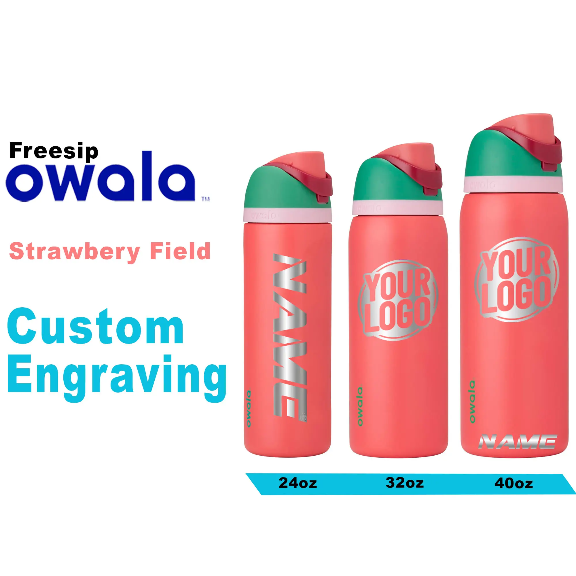 Owala Strawbery Field Color Freesip Water Bottles, Personalized Stainless Steel Water Bottle, Laser Engraved Custom Water Bottle with Straw.