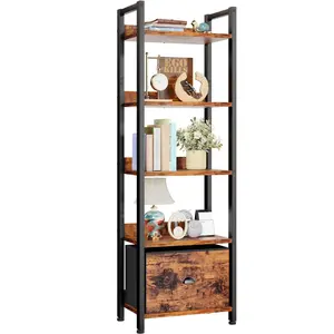 5 Tier Bookshelf with Drawer, Tall Narrow Bookcase with Shelves, Wood and Metal Bookshelves Storage Organizer, Industrial Display Standing Shelf Unit for Bedroom, Living Room, Rustic Brown 5-layer bookshelf, bookcase with fabric drawers