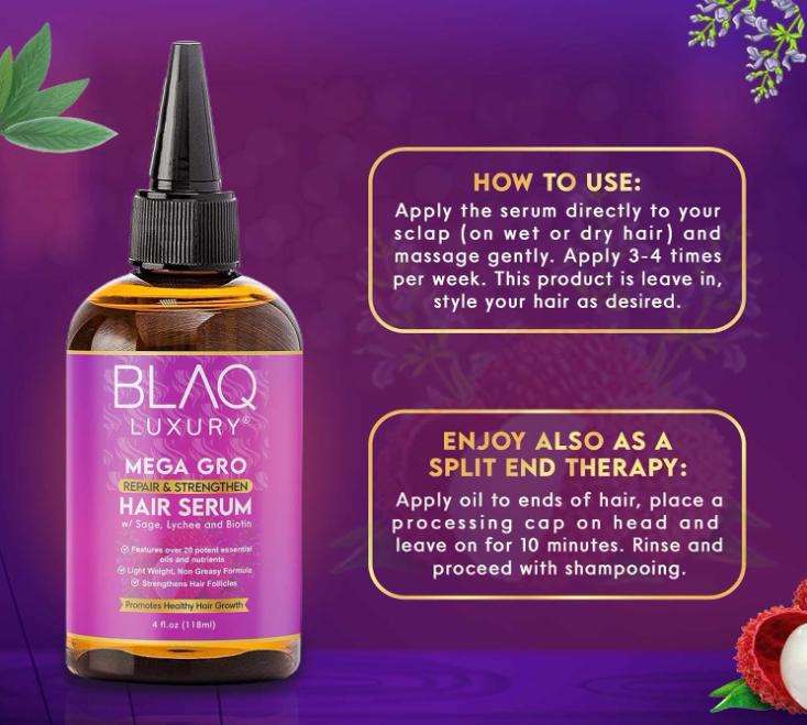 Blaq Luxury Hair Repair & Strengthening Serum With Biotin, Lychee & Sage, Essential Oils for Treating Split Ends and Dry Scalp, Non-Greasy Formula, 4oz
