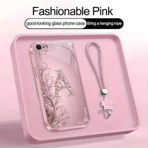 Suitable for [iPhone Se 2] high-end women's phone case🤩，a beautiful four-leaf clover lanyard is included🍀，Exquisite floral print, non-3D rhinestones, 26 letters to choose from YM99