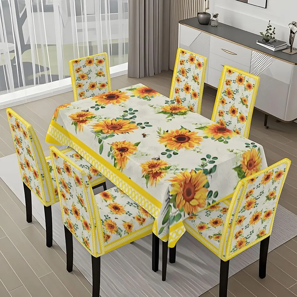 5/7-piece 2D Flat Printing Happy Spring Yellow - Edged Sunflowers Printing Pattern Tablecloth and Chair Covers for Dining Chairs Set, for dining table and chair decoration, perfect for home, holiday gatherings, restaurants, and parties.