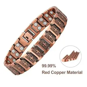 99.99% Pure Red Copper Magnetic Bracelet with Vintage Cross Engraving. Features a powerful 3,500-Gauss neodymium magnet and an adjustable clasp. Makes a perfect gift for yourself, your loved ones, or your father. Vintage-style Christian wellness jewelry.