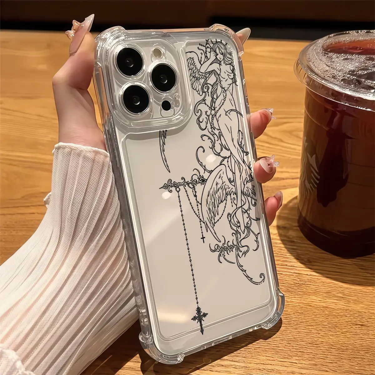 Angel Gothic Phone Case for iPhone 17/16 Pro Max, 15/14 Pro - Clear Soft TPU Protective Cover, Dark Aesthetic Line Art, Cross Angel Tattoo Style, Trendy Cute Mobile Accessory