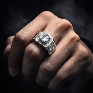 Men’s Iced Out Adjustable Ring Silver Open Band Square Diamond Statement Ring Hip Hop Jewelry