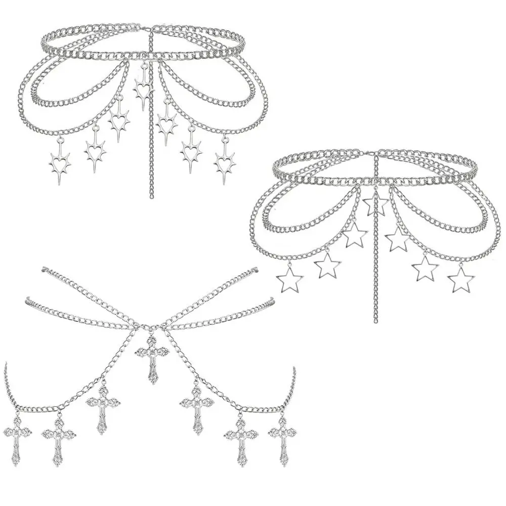 3pcs Silver Layered Waist Chain Body Jewelry Set, Gothic Heart Star Cross Pendant Belly Chains, Multi Tassel Metal Waist Belt for Women, Y2K Punk Layered Hip Chain Accessories for Skirt Jeans, Festival Rave Outfit Body Chain