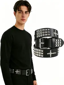 Men's Punk Rivet Belt, Skull Cross Sword Buckle Waistband, Rock Motorcycle Style, Unique Personality Waist Strap, Fashion Accessory