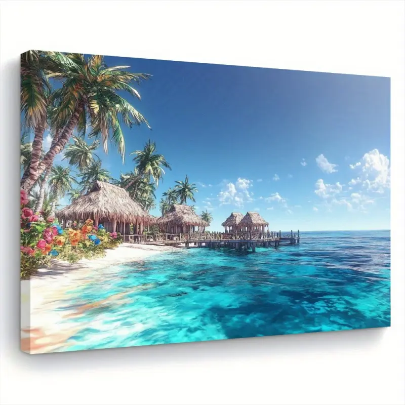 2D Flat 1 Piece Tropical Paradise Canvas Art with Palm Trees and Cottage - Vibrant Coastal Wall Decor for Living Room, Bedroom, Kitchen, Pine Wood Frame, Perfect Gift for Home Decoration, Coastal Home Decor