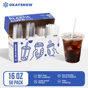 16oz Clear Disposable Plastic Cups with X Slot Lids and Straws Easy Grab To Go Iced Coffee Smoothie Drink Cups BPA Free PET