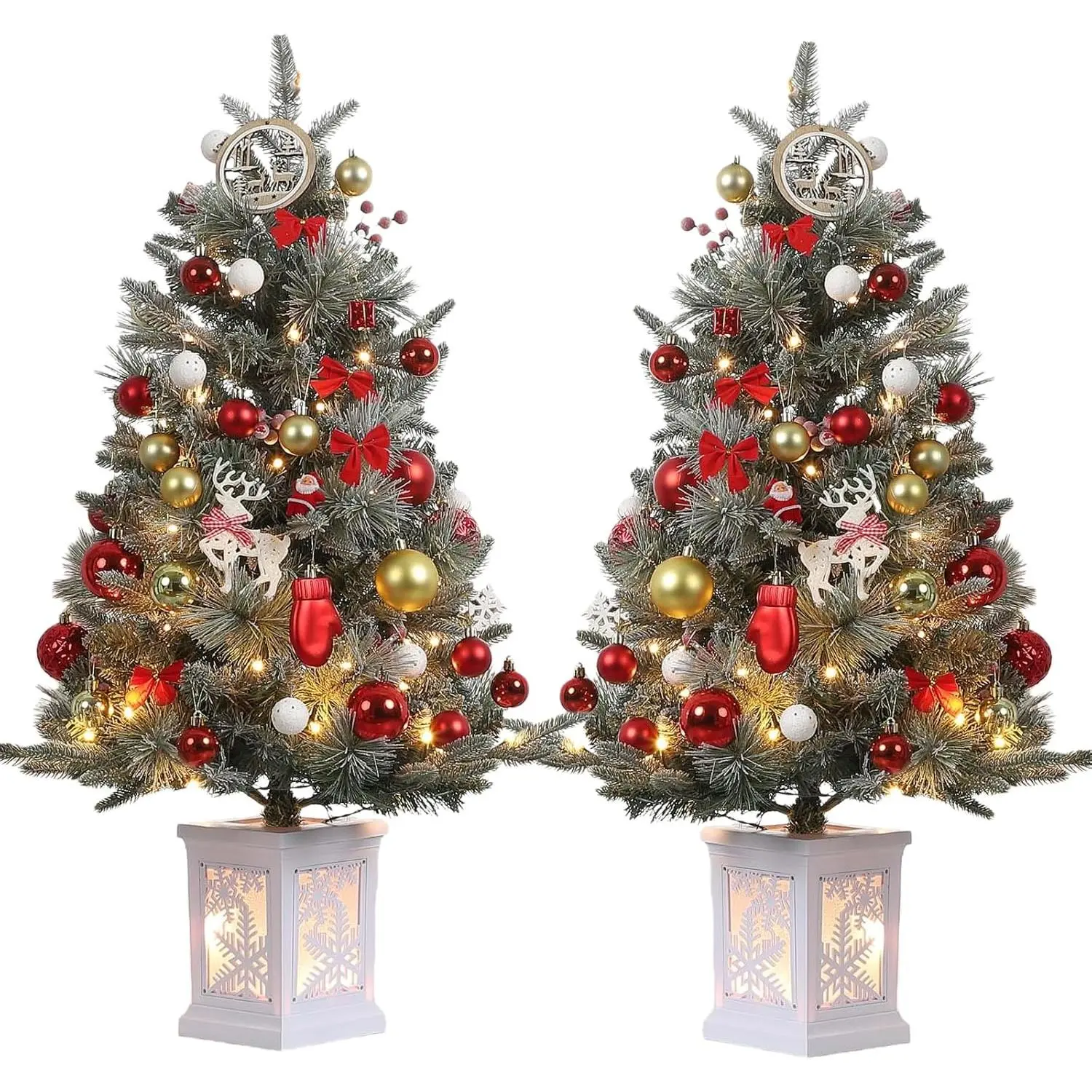 Snowflake Base-2pcs 3 ft Prelit Christmas Tree with 78 Warm Lights & Red Berry, Artificial Xmas Trees with Snowflake Light Box Base, for Home, Office, Fireside Christmas Decoration, Set of 2