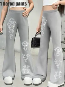 Girls' Casual Comfortable Print Bell Bottom Pants, Casual Fashion Trousers, High Waist Slim Fit, Elastic Stretch, Outdoor Fashion, All Seasons