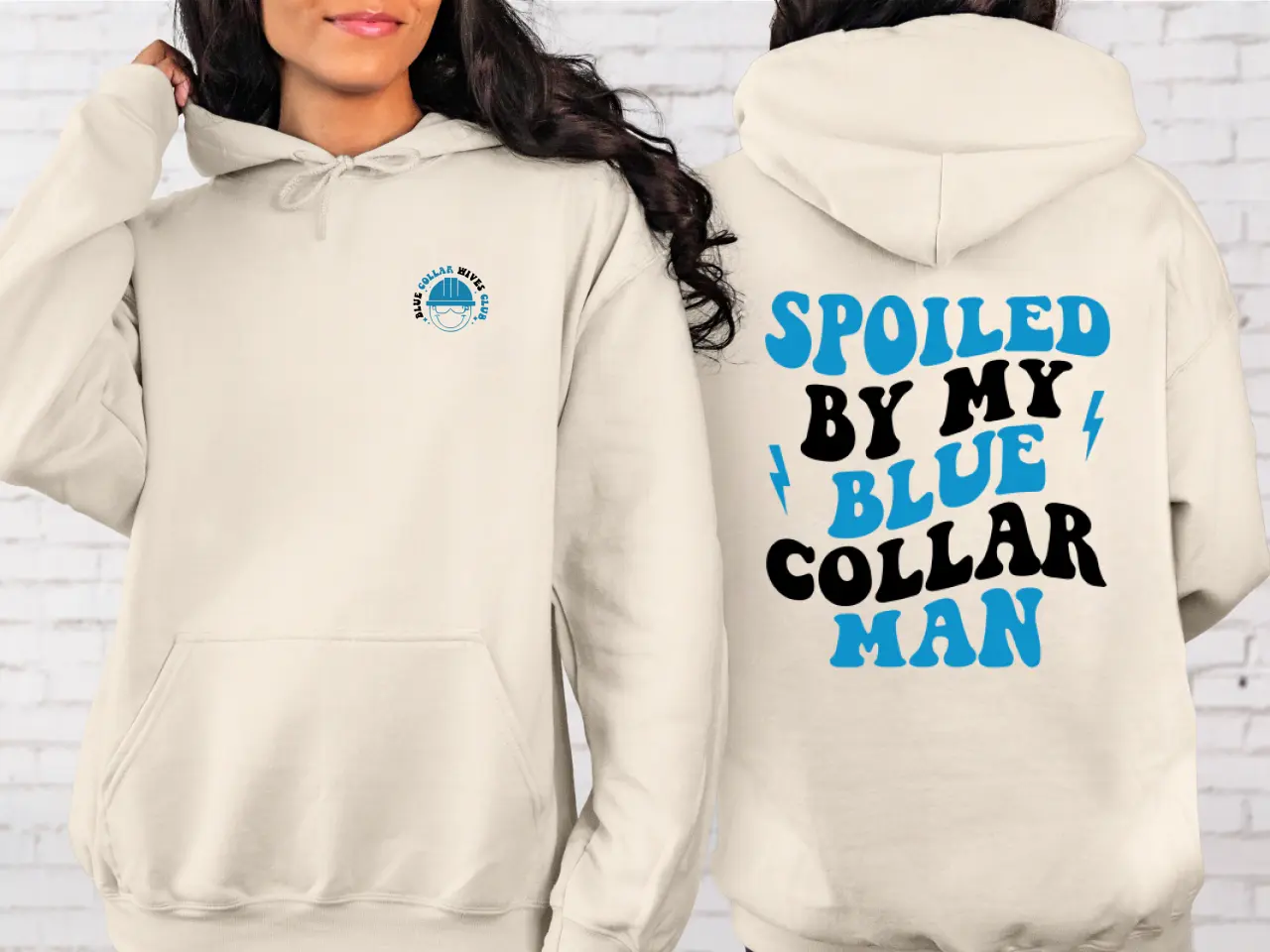 Blue Collar Man Quote Hoodie - Construction Graphic Pullover Top, 1-Piece Deer Sweatshirt, Gift for Girlfriend, Trendy Fall & Winter Outfit