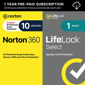 Norton 360 with LifeLock Select Bundle, All-in-One Protection for up to 10 Devices, Online Privacy, and Identity {Digital Download]