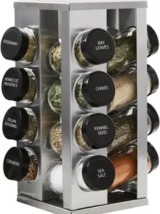 16-Jar Heritage Revolving Spice Rack Organizer with Spices Included, FREE Spice Refills for 5 Years, Brushed Stainless Steel Base with Black Caps