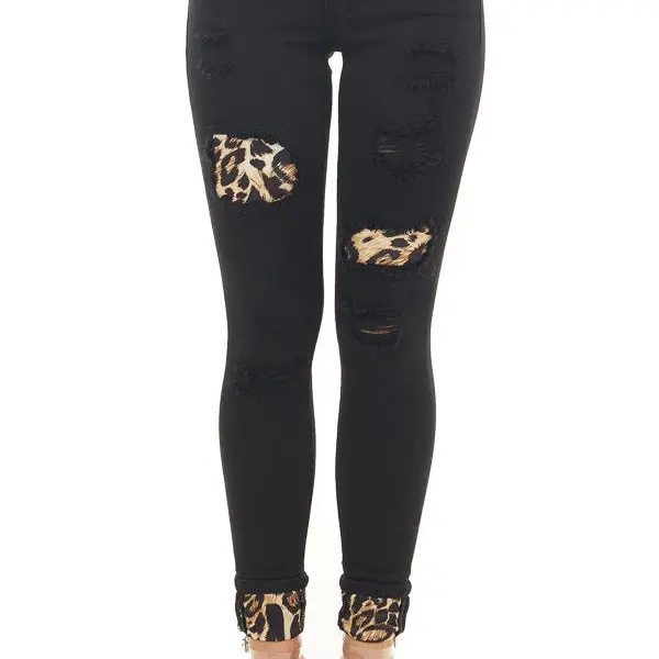KanCan Black Distressed Skinny Jeans with Leopard Patches and Cuffs Womenswear