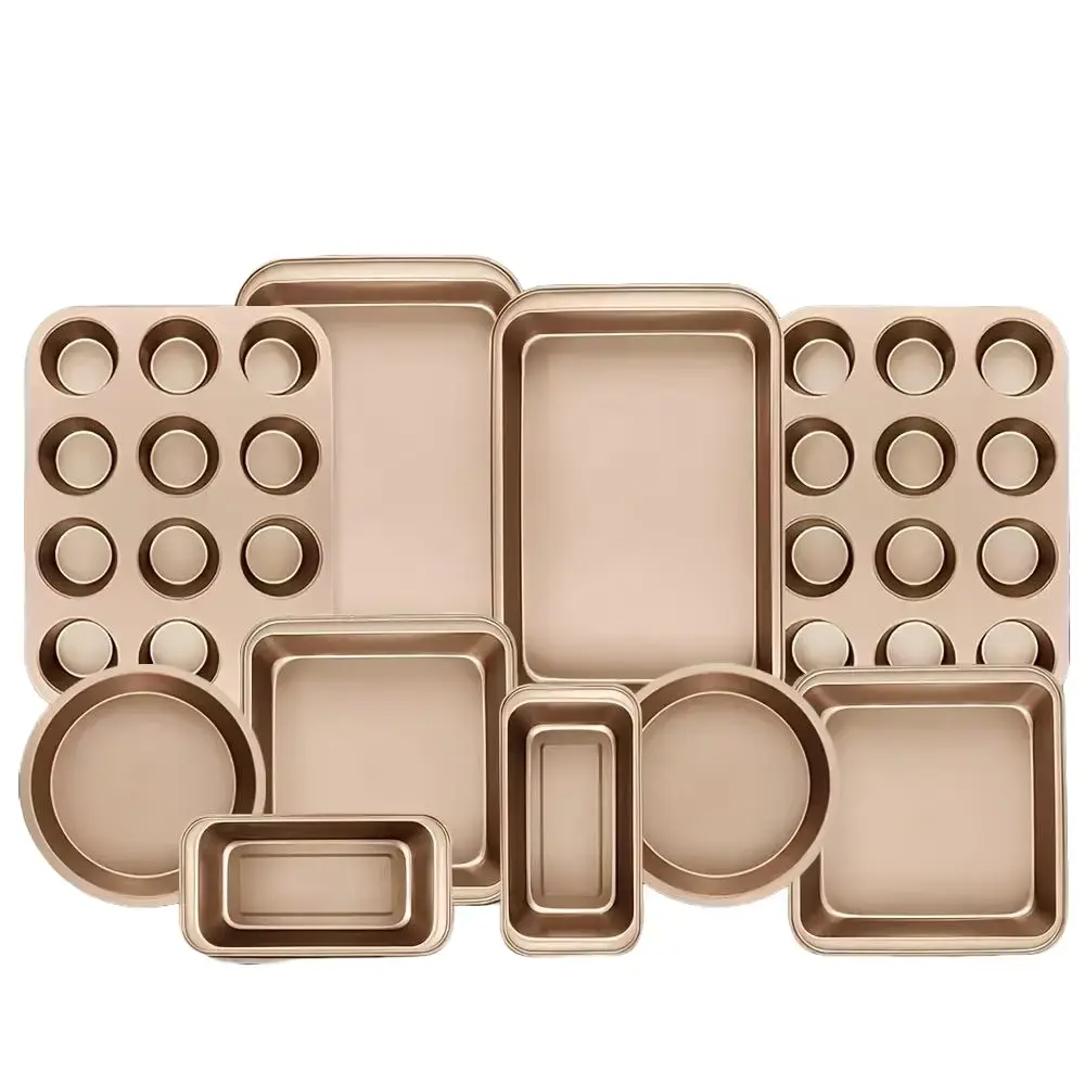Gold Anti-Stick 10-Piece Bakeware Set - Oven-Safe Kitchen Baking Set with Square, Round Cake Pans, Cookie Sheets, Varied Sizes, Easy Cleanup for Baked Goods, Ideal for Baking Enthusiasts, Beginners