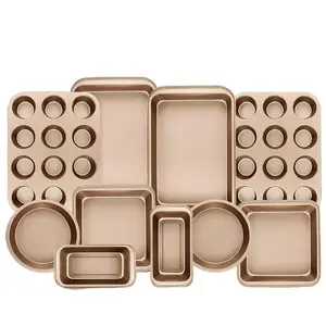 Gold Non-Stick Bakeware Set 10-Piece Round & Square Cake Pans Cookie Sheets for Oven Baking Easy Cleanup Versatile Shapes Ideal for Beginners & Experienced Bakers Baked