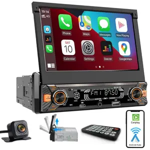 7" Motorized Flip Out Touchscreen 1Din Car Stereo – Wired Carplay & Android Auto Bluetooth Fast Charger Hidden Rear View Camera! Mirror Link 30-band EQ Hands-Free Calling Voice Assistant FM USB/TF/AUX/Type-C Upgrade your drive with MP5 player & monitor!