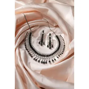 Ebony Radiance Adjustable CZ Necklace & Teardrop Earrings Set | Black Glass & CZ | Premium Rhodium Finish | Indian Wedding Jewelry