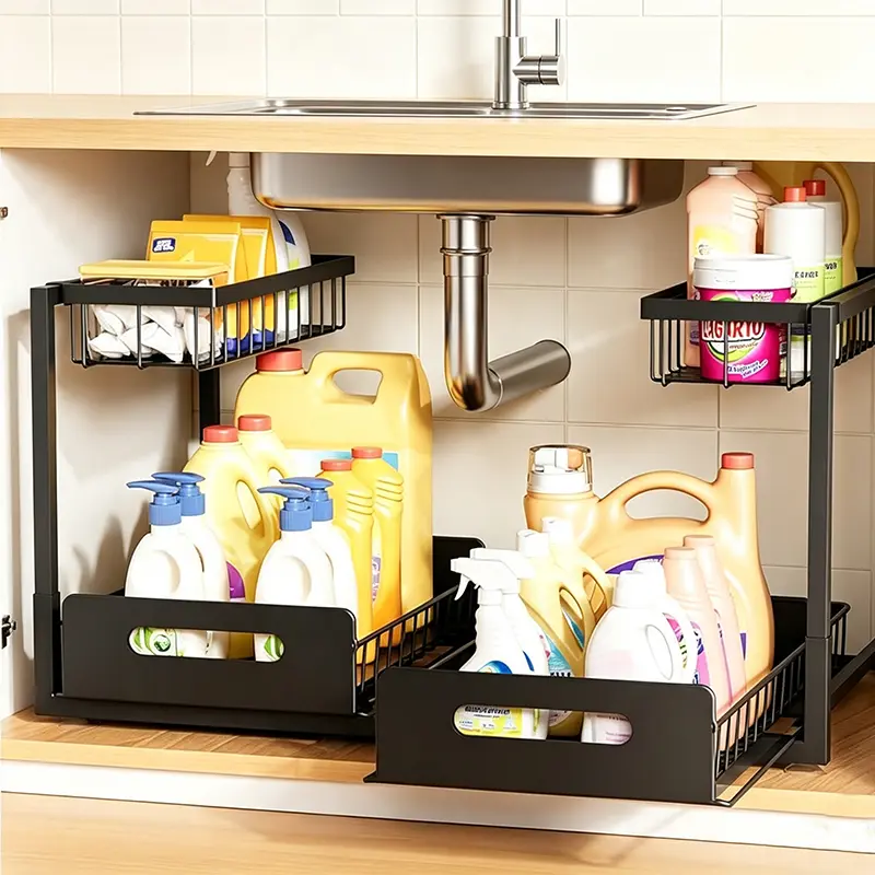 2-Tier Under-Cabinet Slide-Out Shelf, Sturdy Organizational Utility Racks, Pull-Out Cabinet Organizer for Kitchen, Bathroom, Sturdy Utility Racks