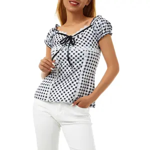 Female Tops, Women Ladies Plaid Lace Trim U-Neck Short Sleeve T-Shirt Close-Fitting Blouse for Summer, S/M/L