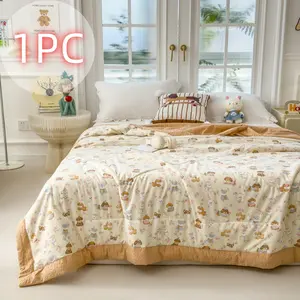 1 PC Printed Summer Quilt, Dual-Sided Bean Fleece Design, A-Class Skin-Friendly Fabric, Soft and Breathable, Handmade Edge, Ideal for Summer Use