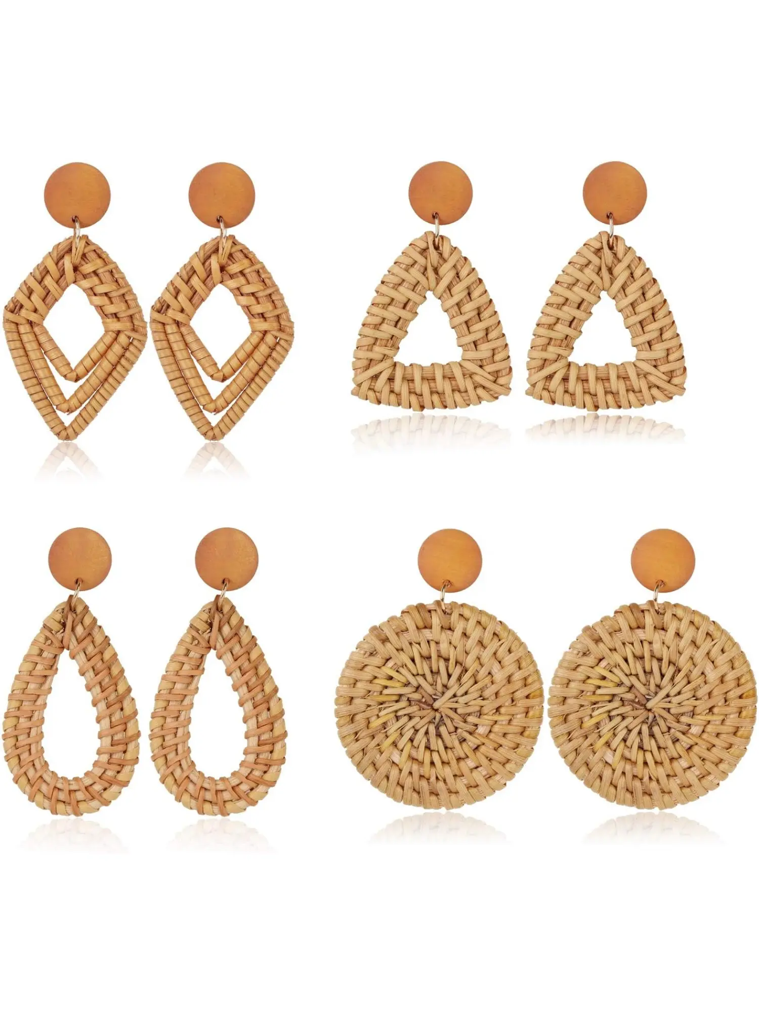 4 Pairs Rattan Dangle Earrings for Women Lightweight Boho Straw Braided Wicker Natural Brown Geometric Weave Eye-catching Earrings Set Beachy Earrings Handmade Jewelry