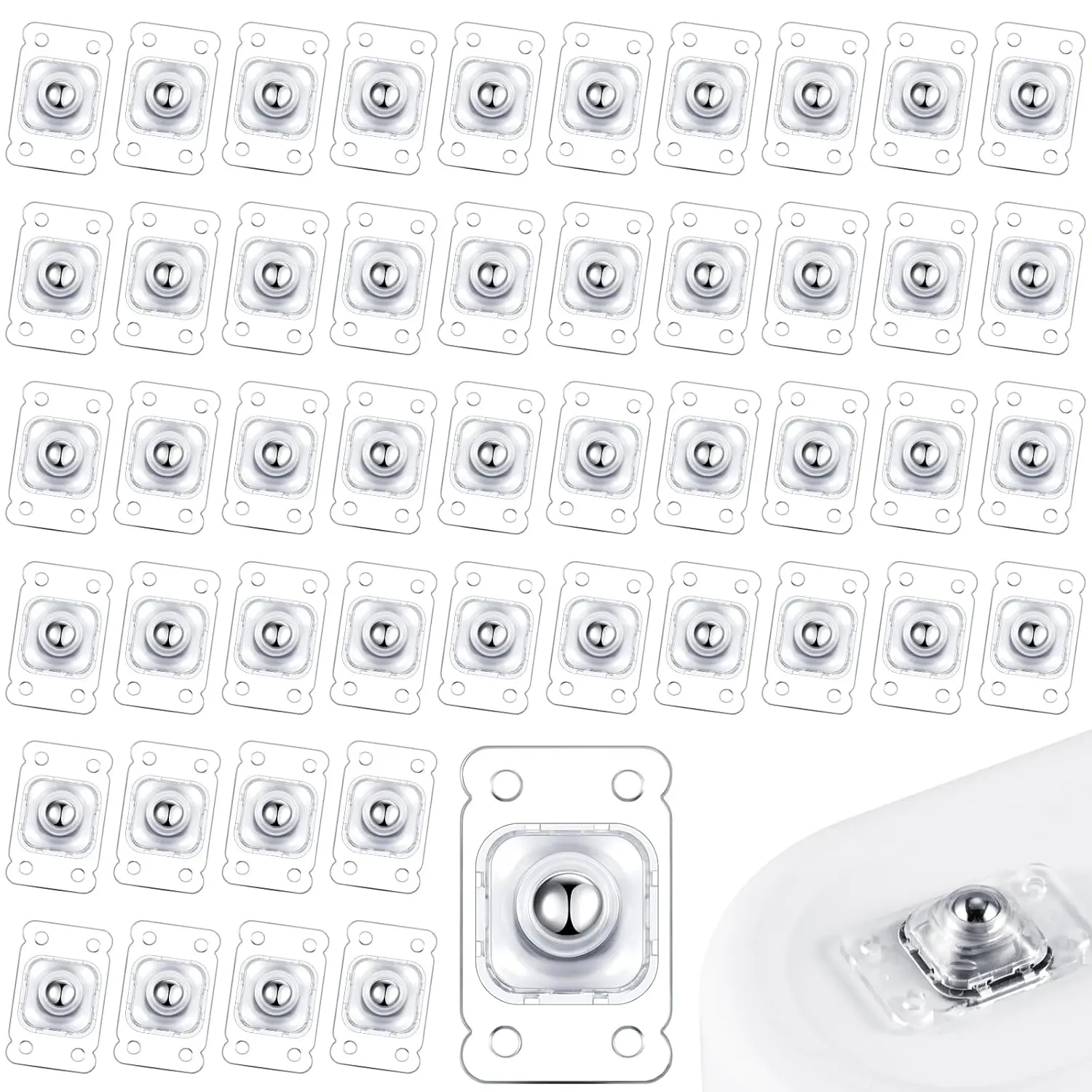 48-Count Sturdy Glue-On Self-Adhesive Caster Wheels, 360° Rotate ABS+Steel Mini Ball Transfer Bearings, Silent Slide DIY Accessories, 5kg Capacity Hardware for Easy to Move Heavy Objects (Clear, Makeup Storage Compatible)