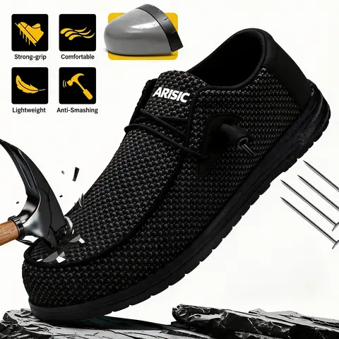 ARISIC Men's Wide-Fit Steel-Toe Safety Easy Breezy Loafers - Lightweight Breathable Slip-Ins Footwear with Memory Foam, All-Seasons Casual Walking Shoes for Lifestyle Use
