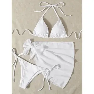 Three-Piece Set Women's Solid Bikinis Set,  Casual Padded Triangle Halter Swim Top & Tie Side Swim Bottom & Cover Up Skirt Set for Beach Holiday Vacation, Summer Outfits 2026, Plain Bikini Set
