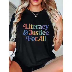 Literacy Justice For All Stop Book Banning Protect Librarian T-Shirt Round Neck Short Sleeve T-Shirt Women'S Men'S Graphic Tee, Everyday Tshirt |     Vibrant Graphic Tee |     Glossy Finish, Book Tshirt