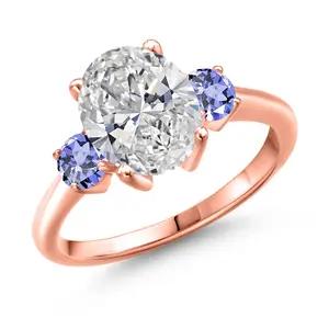 2.60 cttw IGI Certified Lab Grown Diamond and Blue Tanzanite 3-Stone Engagement Ring For Women | 18K Rose Gold Plated Silver | Center 2.00 Ct Diamond | E-F Color | VS1-VS2 Clarity