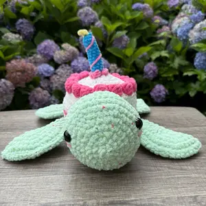 Birthday Turtle Plushie - Handmade Crochet Cake Turtle | The Knotty Duo