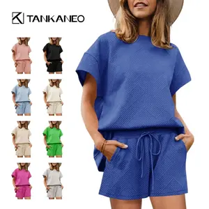 Tankaneo Womens Loungewear Set Short Sleeve Tops and Shorts 2 Piece Outfits Plus Size Oversized Pajama Set with Pockets