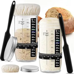 2pcs Advanced Professional Sourdough Bread Fermentation Set, 40oz Large Wide Mouth, Measuring Feeding Ring, Thermometer, Scraper, Cloth Lid, Silicone Base