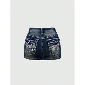 J-Fashion Retro Y2K Low-Waist Butterfly Embroidery Adjustable Contrast Color Line Women's Denim Mini Skirt