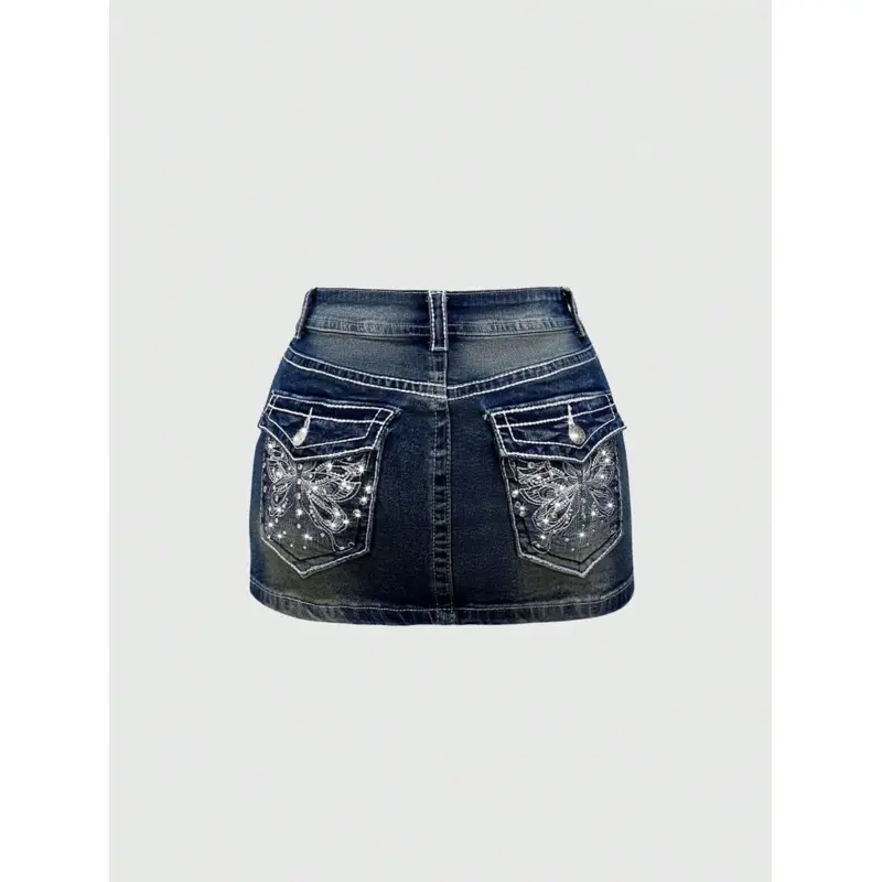 J-Fashion Retro Y2K Low-Waist Butterfly Embroidery Adjustable Contrast Color Line Women's Denim Mini Skirt