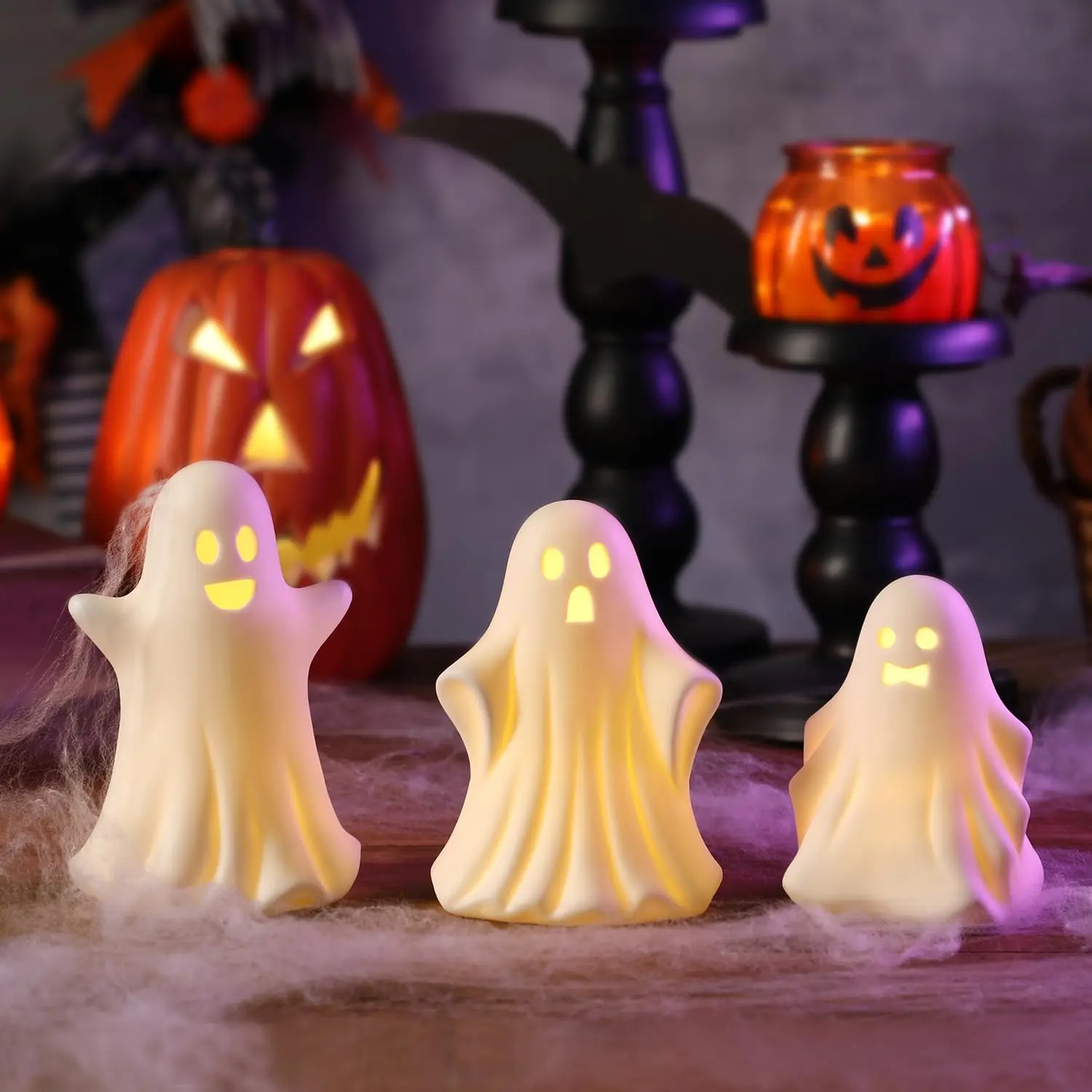 3 Pcs Gothic Ceramic Ghost Light Up, Halloween Ghost Decor, Little White Ghost Figurine for Halloween Home Decorations Indoor
