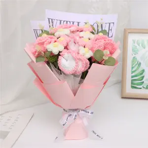 Completed Handmade Crochet Carnation Artificial Flower Bouquets Gift for Mother's Day Birthday Teacher's Day