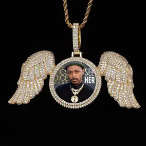 Angel Wings Medallions Custom Photo Pendant Necklace Iced Out Pendant Engraved Name Memory Gift Men(Please send a DIY picture to customer service)